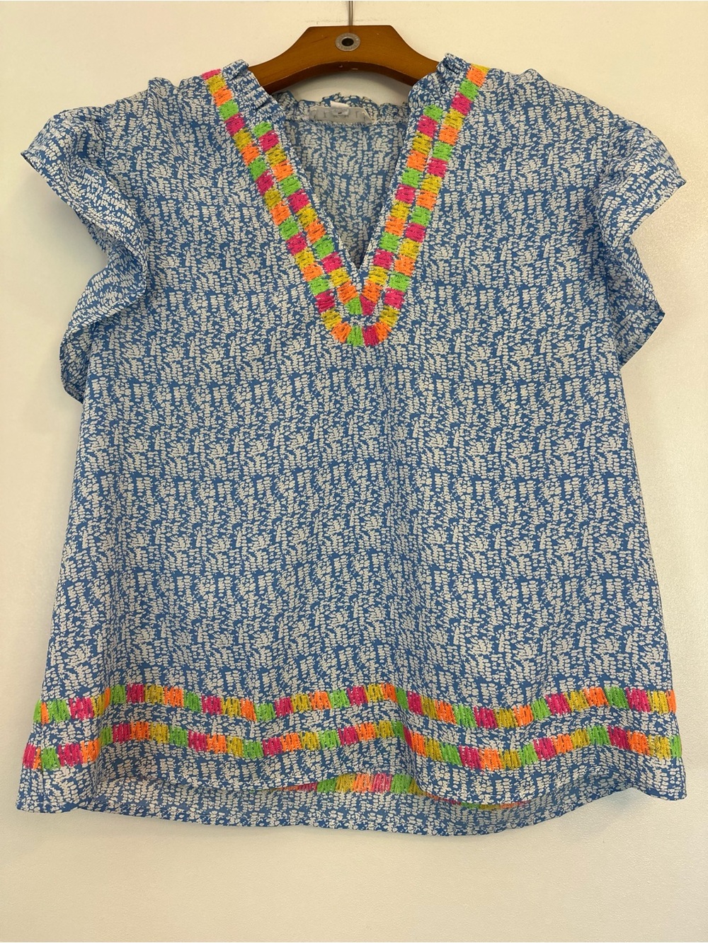 THML Blue Printed V-Neck Tunic with Neon Embroidery